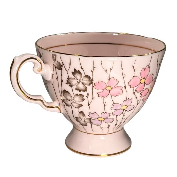 Vtg Tuscan Hand Painted Pink Floral Tea Cup Saucer English Pedestal Gold Trim - Picture 2 of 13
